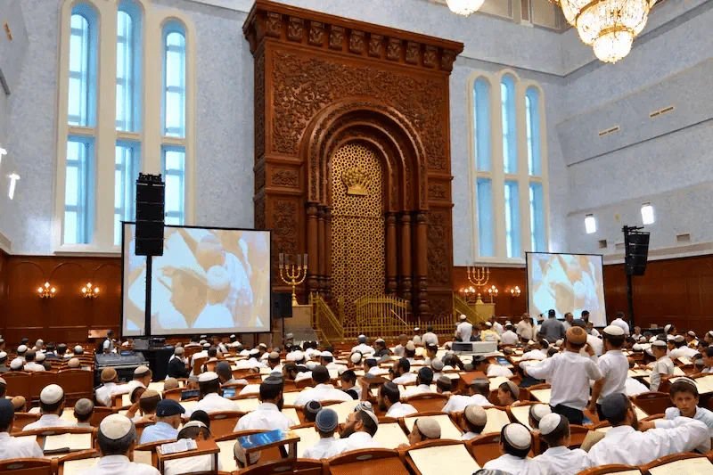 מערכת הגברה ליין אריי ומסכי הקרנה באירוע גדול בבית מדרש